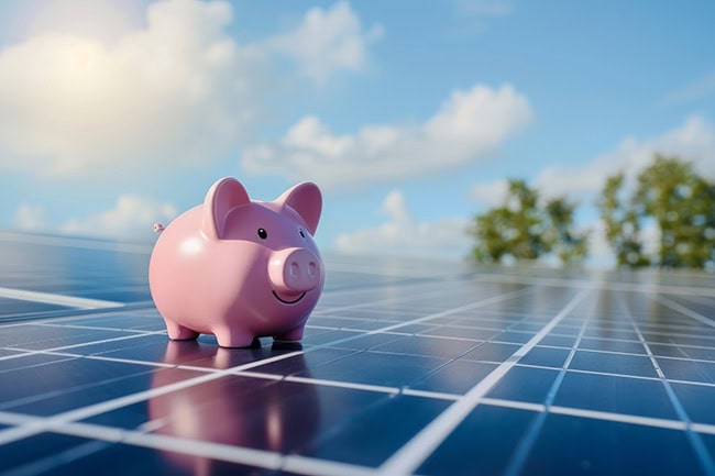 Pink piggy bank resting on top of solar farm to indicate saving from renewal energy