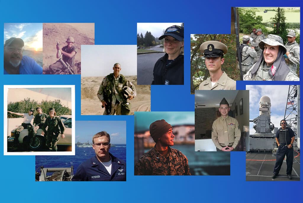 A photo collage of people in military uniforms on a blue background